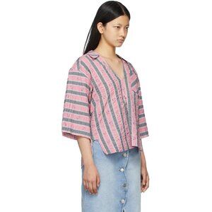 GANNI XXS/XS Womens "Pink Gray Oversized V-Neck Shirt Organic Cotton